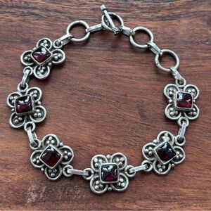 Sterling Silver and Red Garnet Gemstone Flower Toggle Bracelet